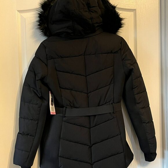 London Fog Women's Belted Puffer Jacket with Removable Faux Fur Hood Black Small - Picture 4 of 10